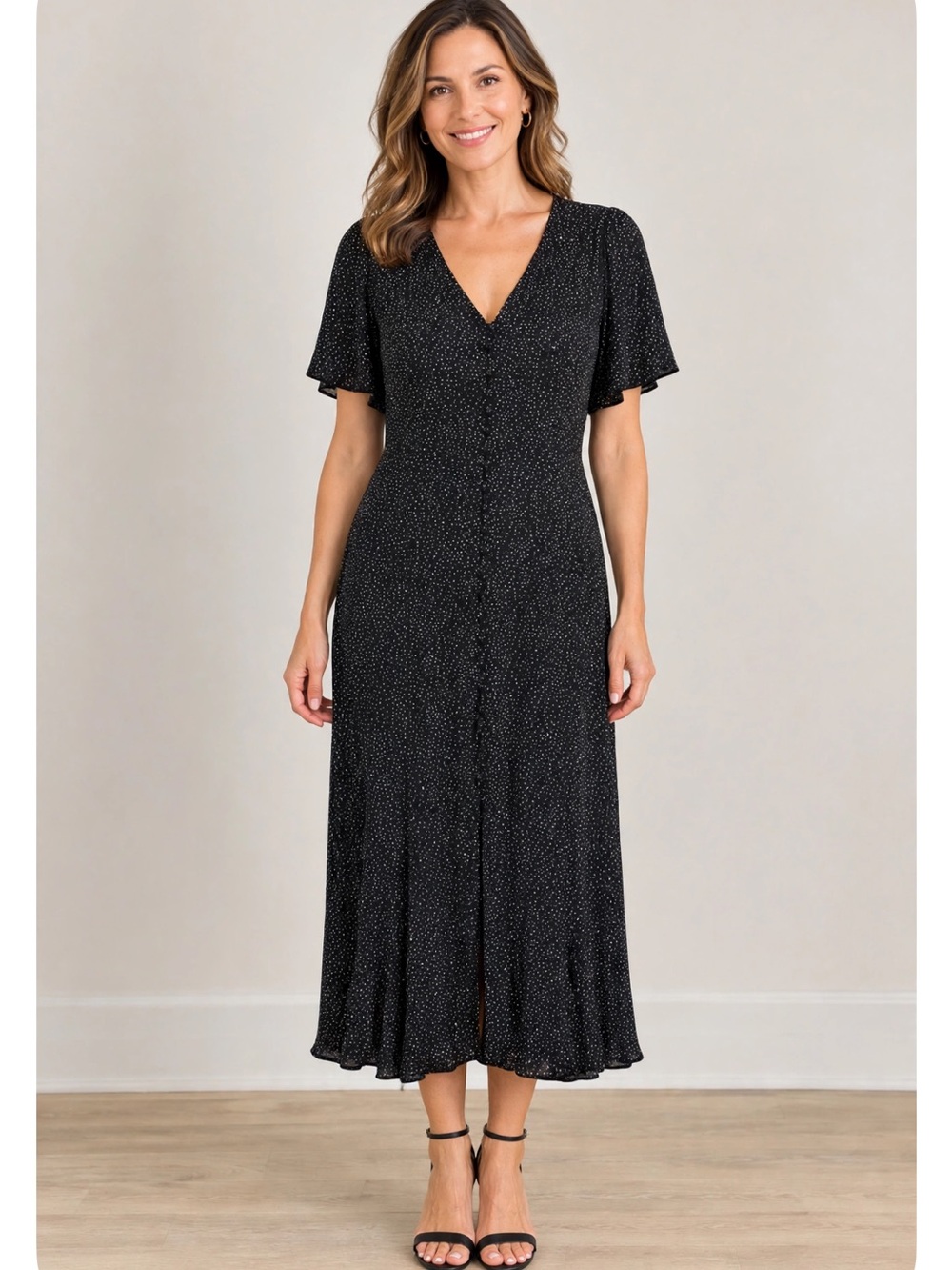 Express Black Maxi Dress with Subtle White Dot Print